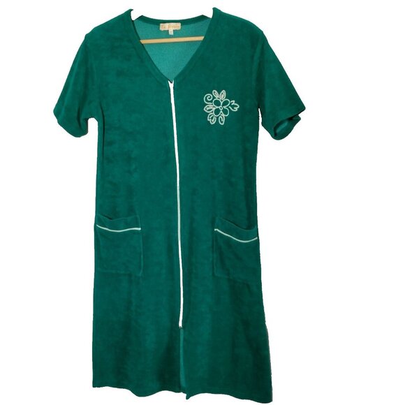 Vintage La Serren Swim Cover Up House Dress Women Small Jade Green Zip Flower - Picture 1 of 7